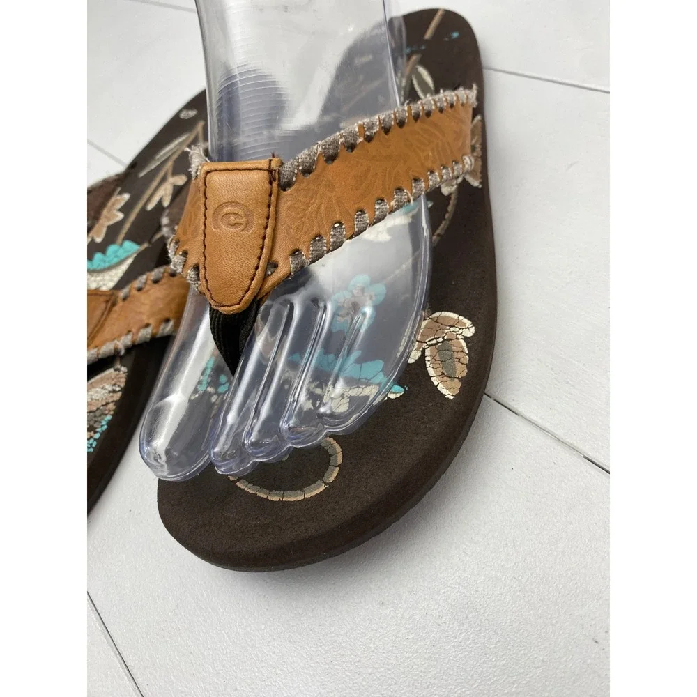 Y2K Cobian Floral Whipstitch‎ Flip Flops Women USA 8 Brown Turquoise Sandals